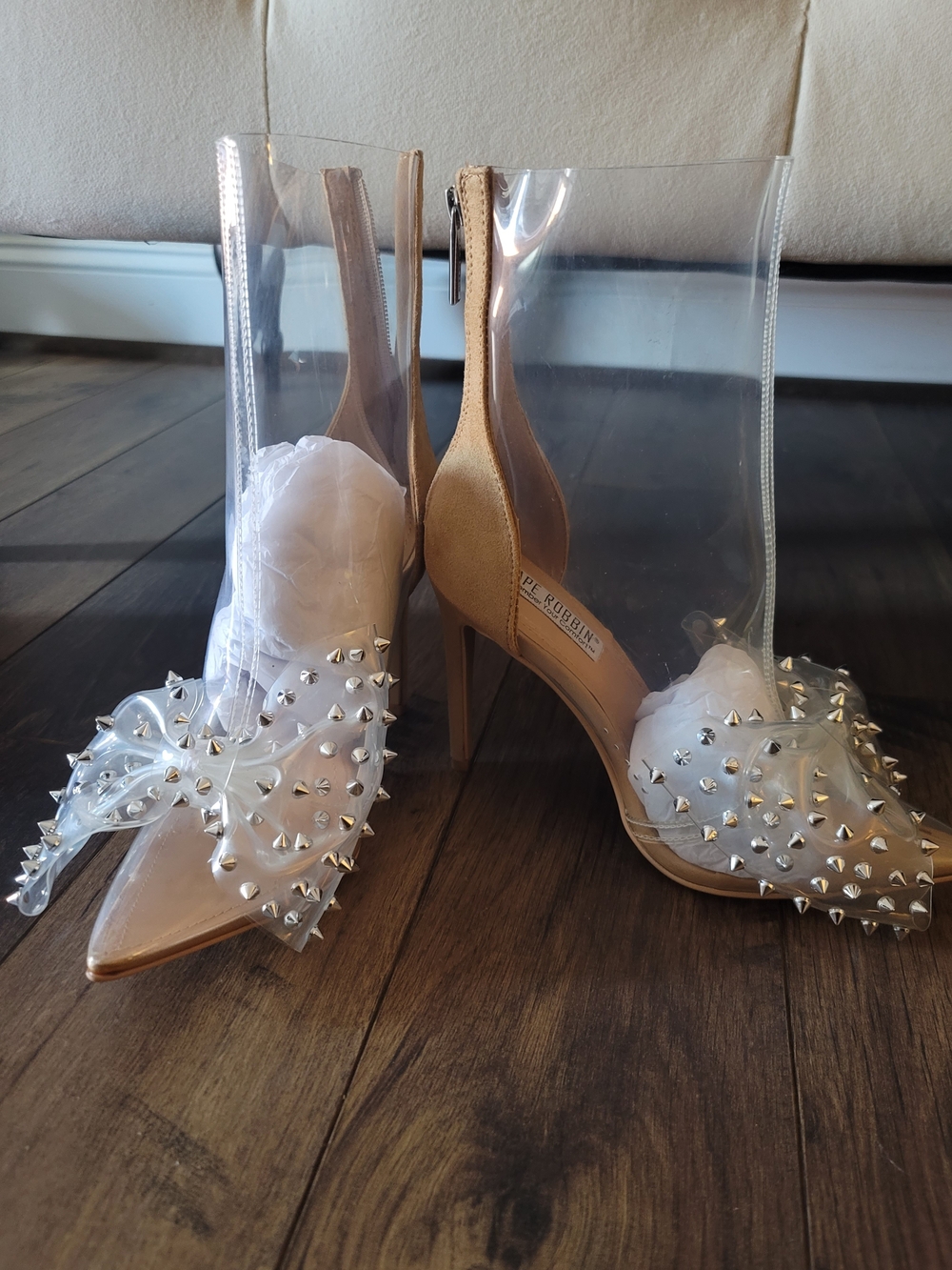 Cape Robbin Clear PVC Pointed Stiletto Heels with Nude Insole and Studded Bow